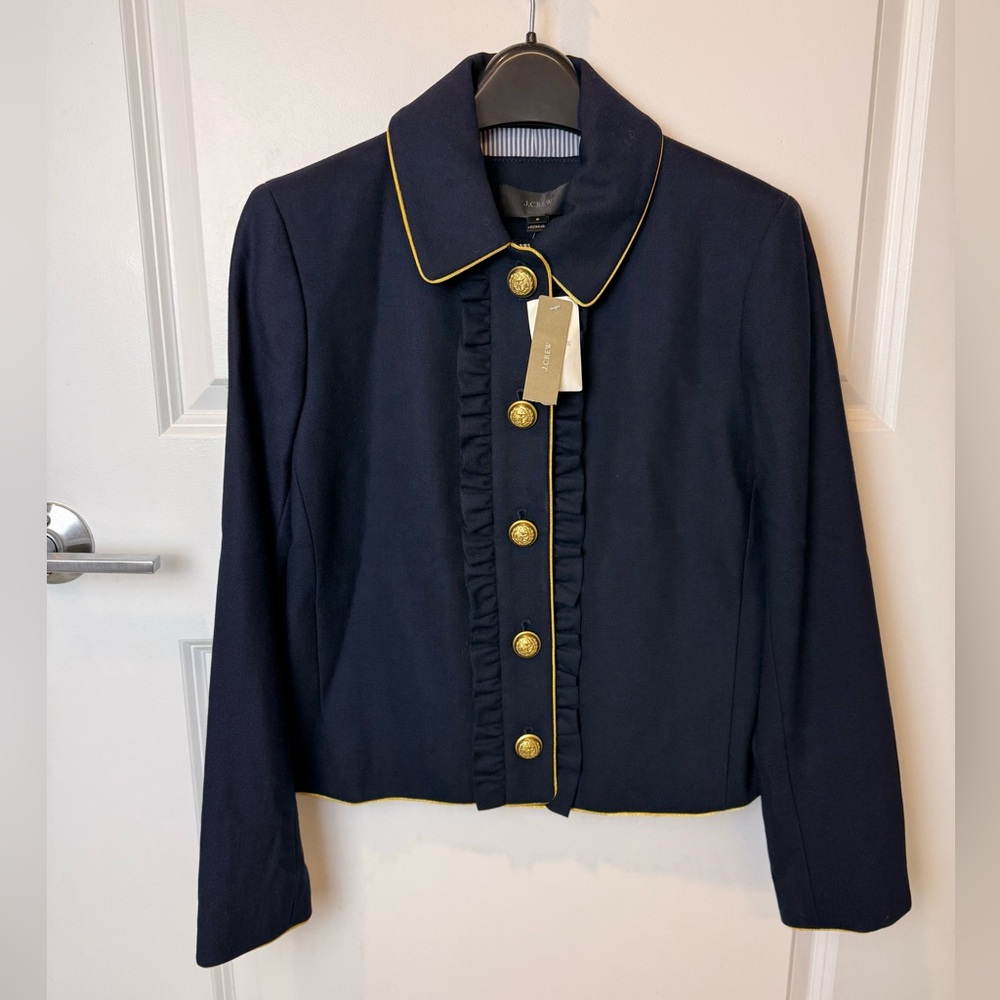 $198 J.Crew Navy Blazer Jacket Gold Crest Buttons Ruffle Front Wool Blend Size 6 - Picture 6 of 16